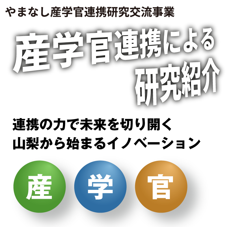 やまなし産学官連携研究交流事業 産学管 連携 研究紹介 山梨大学 山梨県 機械・加工領域 電子・情報領域 食品・微生物領域 環境領域 エネルギー領域 材料領域 医療領域 地場産業領域 燃料電池領域 計測領域 土木・防災